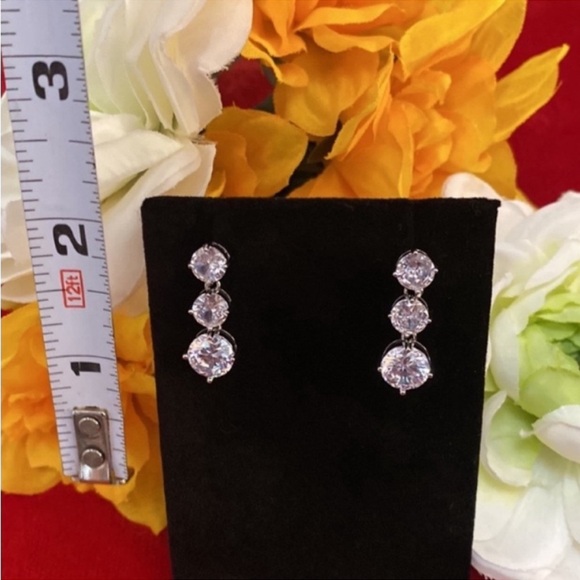 Solitaire CZ Diamond Stud Dangling Three Tier Earrings 925 Silver NEW - Picture 2 of 3